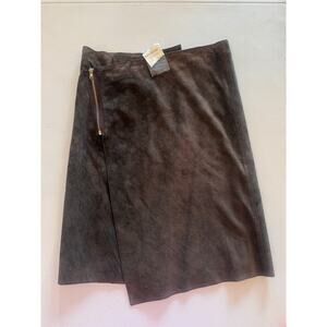 BEBE Genuine Leather NWT Asymmetrical Wrap Look Y2K Zipper Brown Skirt Sz 6